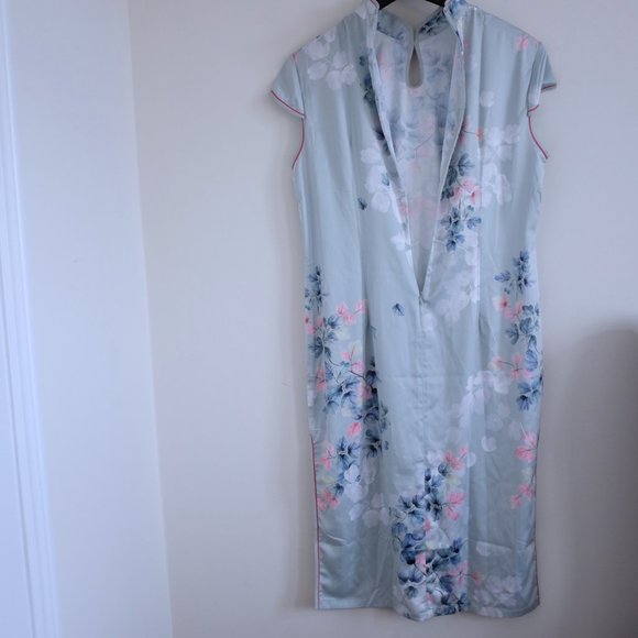 COPY - Satin Mandarin collar Cheongsam floral dress cool tone size L - Picture 4 of 9